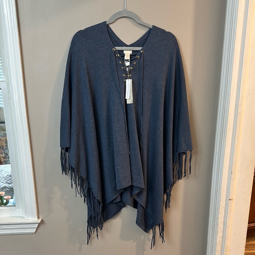 NWT Chico’s Navy Lace Up Fringe Covering Poncho Top